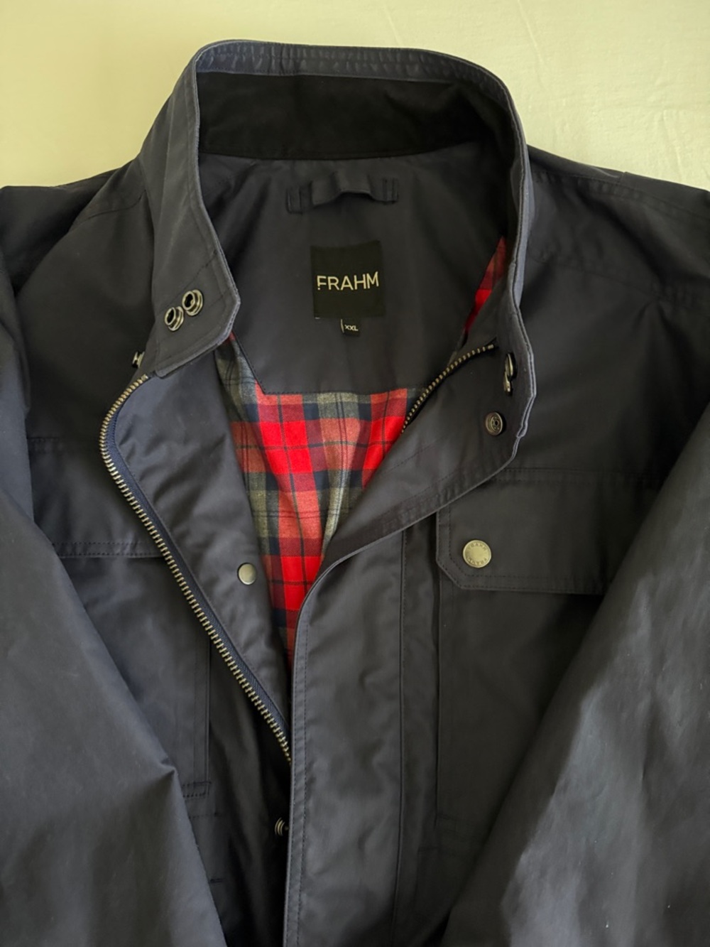 Frahm Men's Navy Field Jacket with Red Plaid Lining